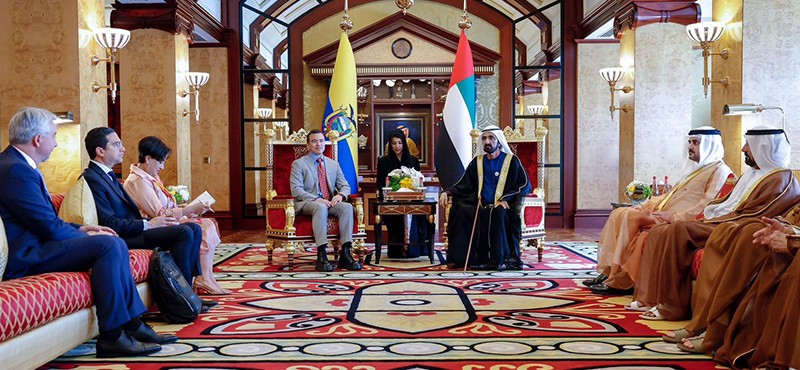 El presidente de la República, Daniel Noboa, mantuvo un encuentro con Su Alteza Mohammed Bin Rashid Al Maktoum, vicepresidente y primer ministro de Emiratos Árabes Unidos y gobernante de Dubái, uno de los centros neurálgicos del comercio, la logística, la innovación y la conectividad global. 